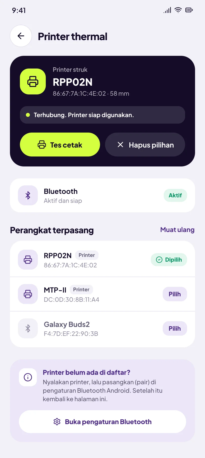 Sinyala Kolektor: Pilih printer Bluetooth