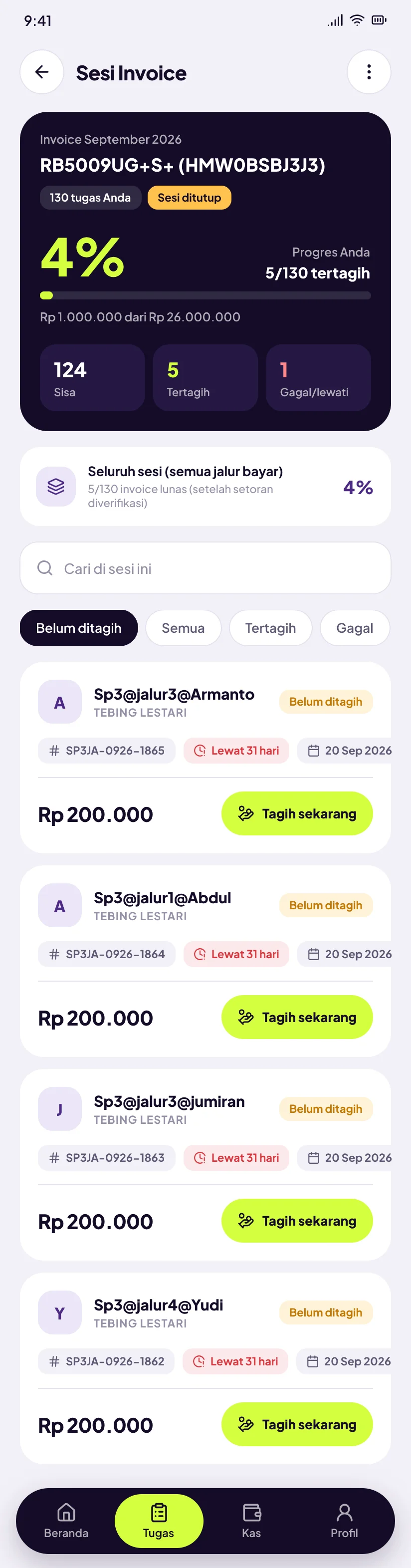 Sinyala Kolektor: Detail sesi penagihan